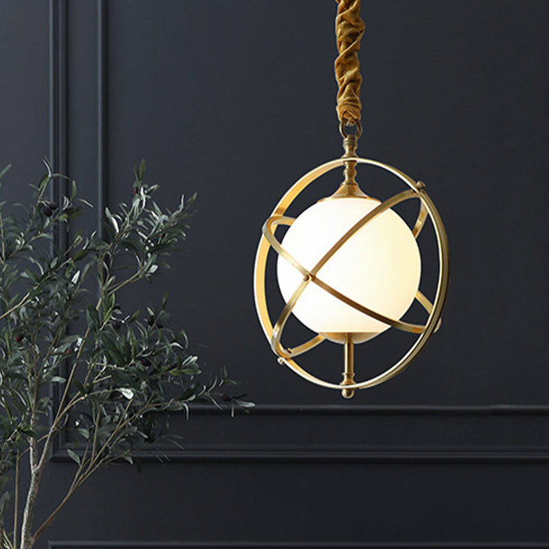 Postmodern Brass Orbit Pendant Light with White Glass Shade