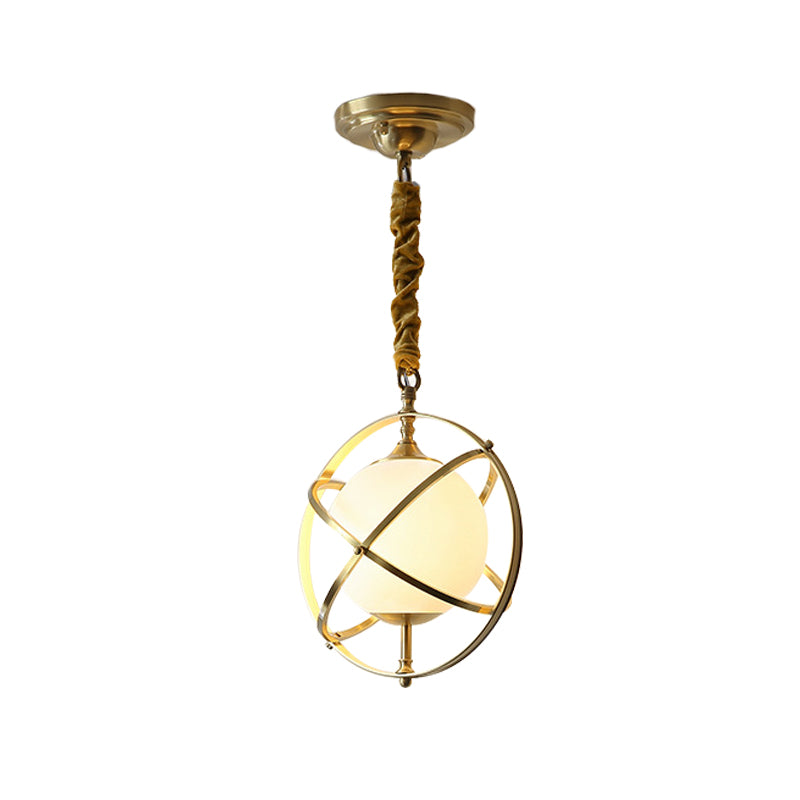 Postmodern Brass Orbit Pendant Light with White Glass Shade