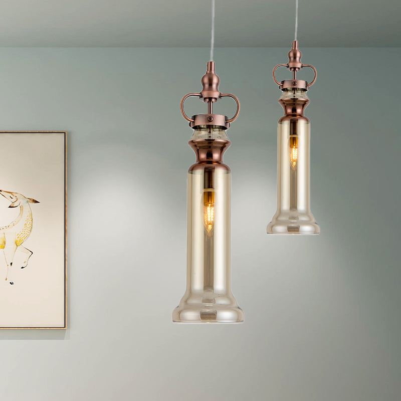 Smoke Gray/Cognac Glass Cylinder Pendant Lamp - Modern 1 Light Ceiling Hanging Light for Bedrooms