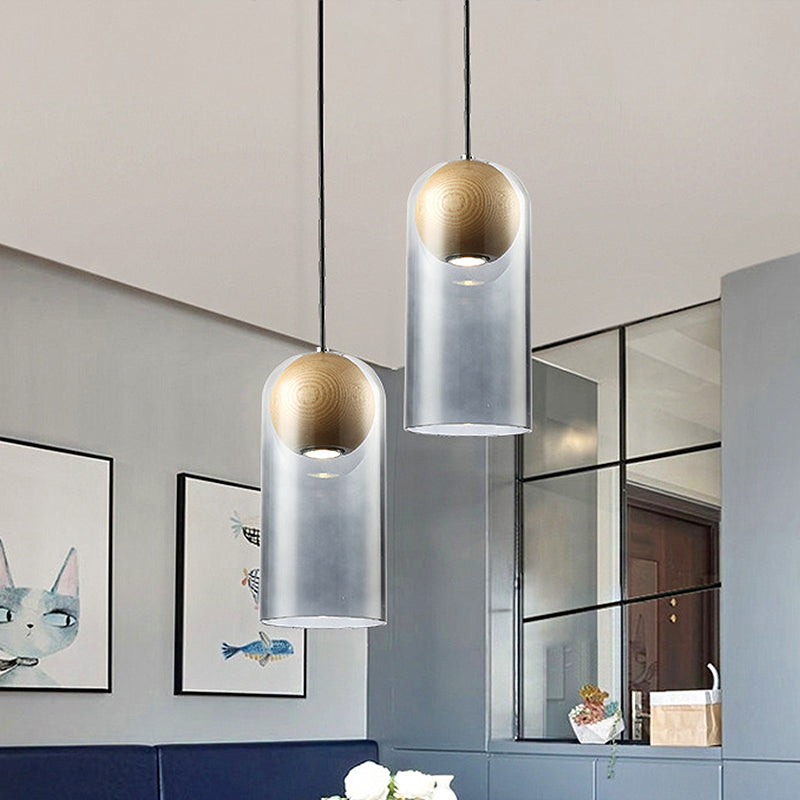 Luminaire suspendu cylindrique en verre gris fumé moderne avec abat-jour en bois - Idéal pour la salle à manger
