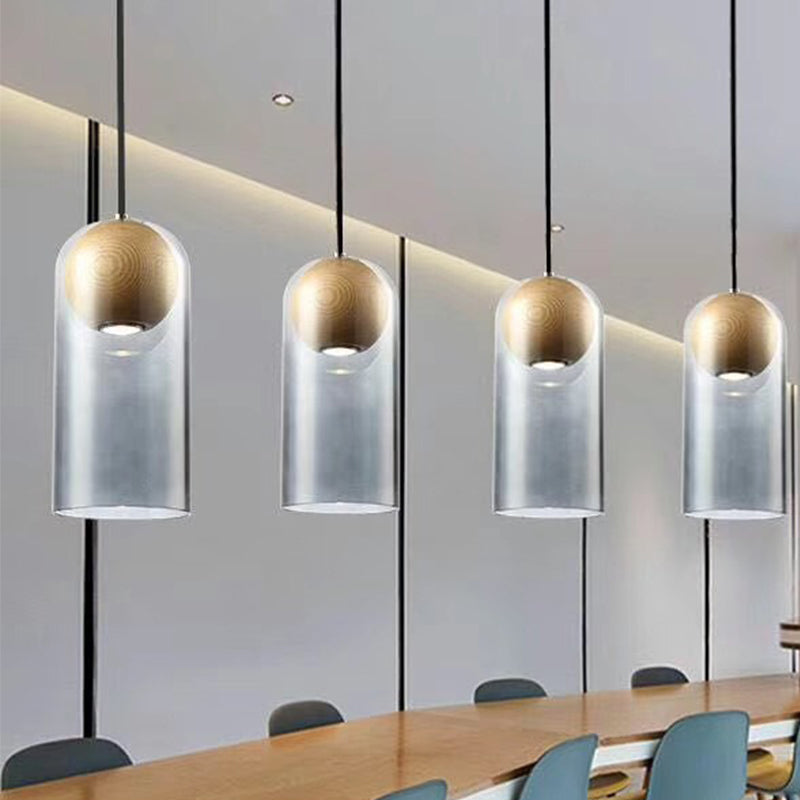 Luminaire suspendu cylindrique en verre gris fumé moderne avec abat-jour en bois - Idéal pour la salle à manger