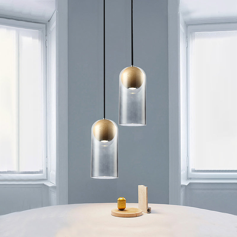 Luminaire suspendu cylindrique en verre gris fumé moderne avec abat-jour en bois - Idéal pour la salle à manger