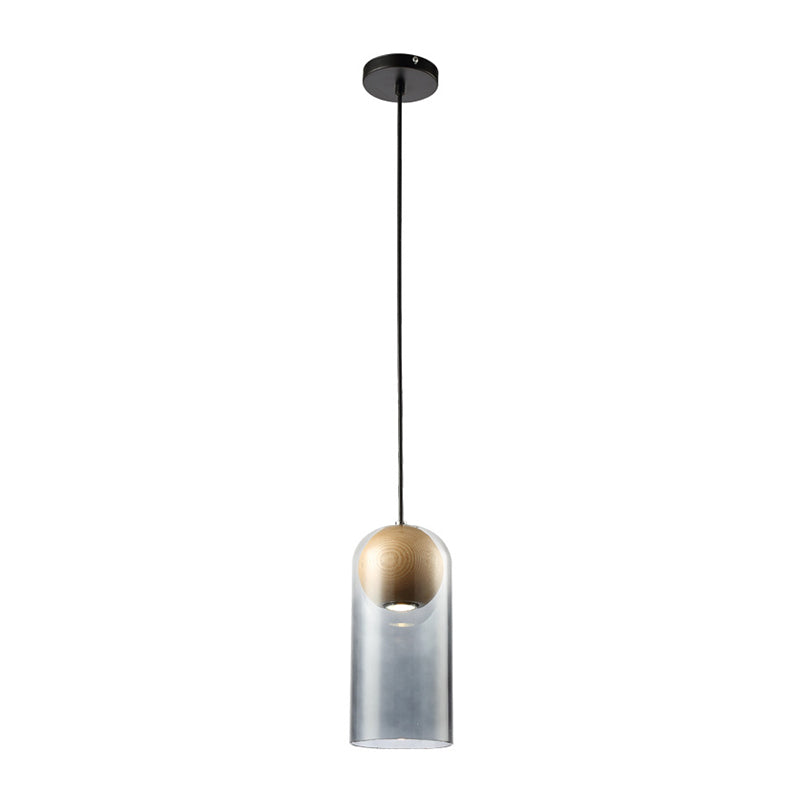 Luminaire suspendu cylindrique en verre gris fumé moderne avec abat-jour en bois - Idéal pour la salle à manger