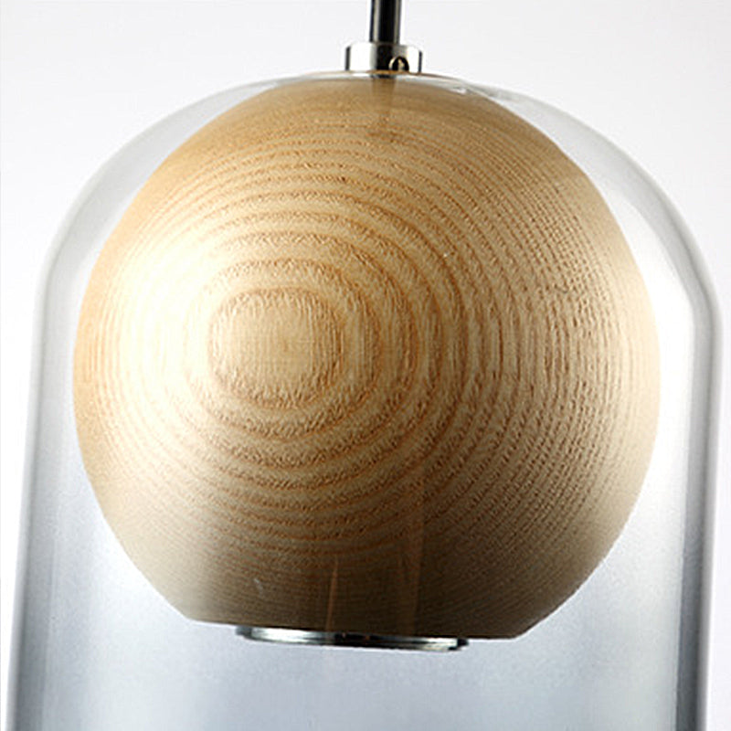 Luminaire suspendu cylindrique en verre gris fumé moderne avec abat-jour en bois - Idéal pour la salle à manger