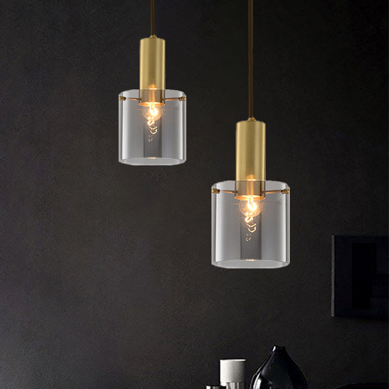 Modern Clear Glass Cylinder Pendant Light - 1 Head Brass Hanging Ceiling Light for Dining Room