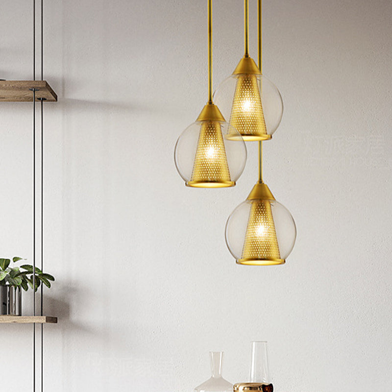 Modern Smoke Gray Glass Pendant Ceiling Light with Gold Cone Metal Shade - Elegant Dining Room Hanging Lamp