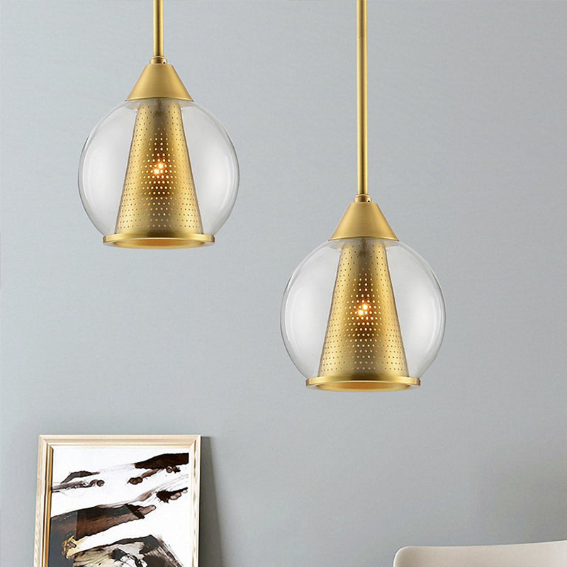 Modern Smoke Gray Glass Pendant Ceiling Light with Gold Cone Metal Shade - Elegant Dining Room Hanging Lamp