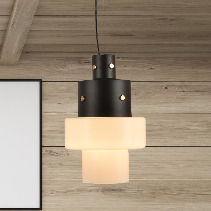 Rustic Glass Cylinder Pendant Light - White with Black Head, Ideal for Living Room Ceiling