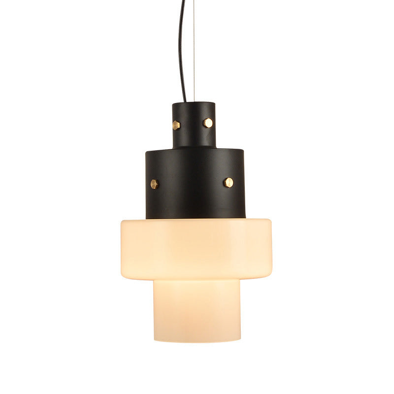 Rustic Glass Cylinder Pendant Light - White with Black Head, Ideal for Living Room Ceiling