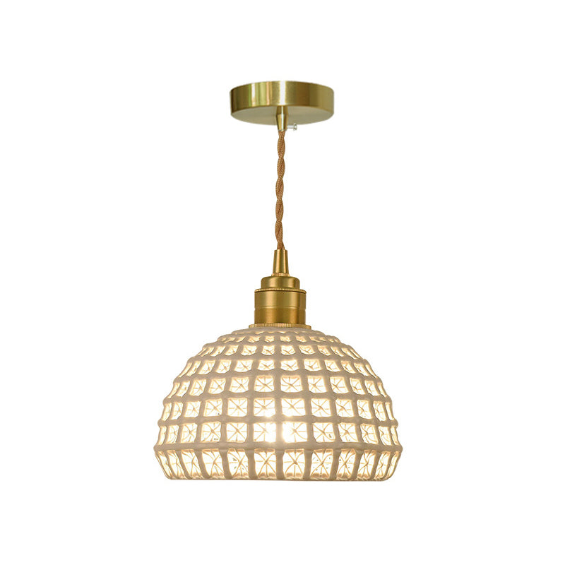 Vintage Ceramic Dome Suspension Lamp with Hollow Out Design, Blue/Pink 1-Light Hanging Fixture