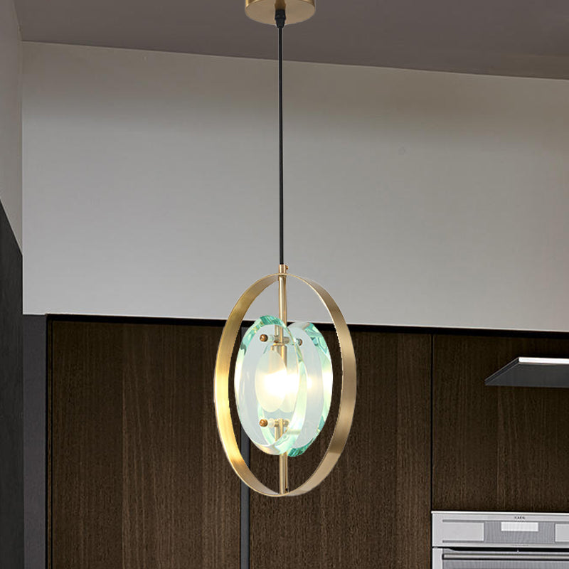 Contemporary Gold Oval Frame Pendant Ceiling Light with Crystal Shade