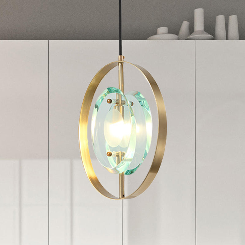Contemporary Gold Oval Frame Pendant Ceiling Light With Crystal Shade - 1 Head Metal Fixture