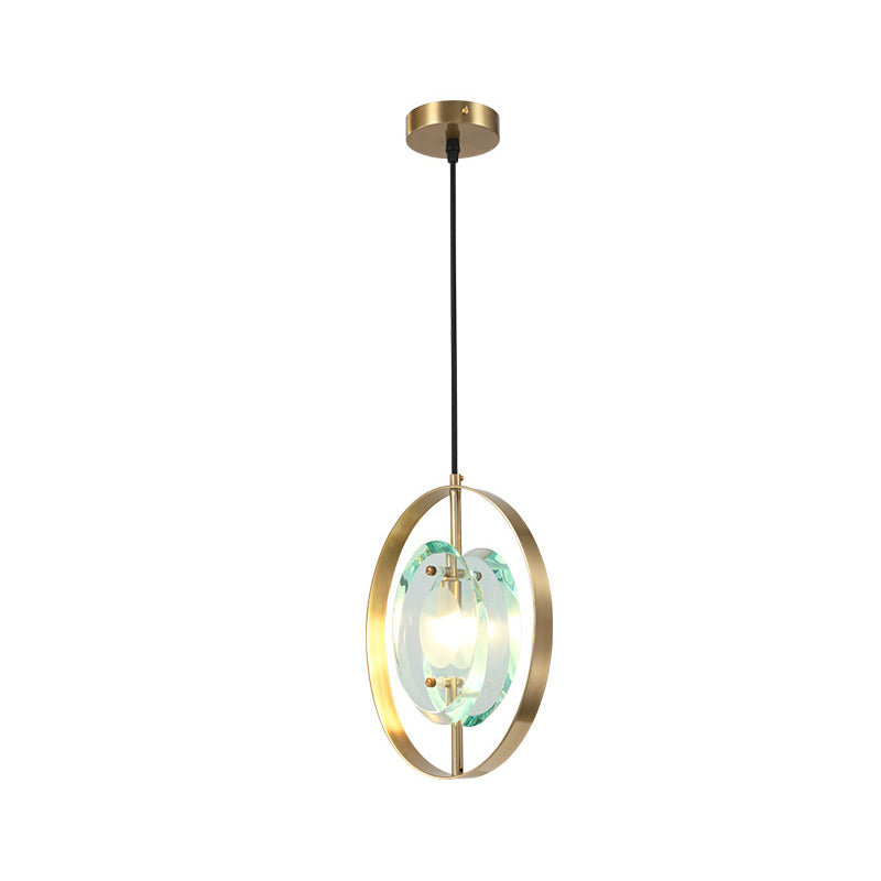 Contemporary Gold Oval Frame Pendant Ceiling Light With Crystal Shade - 1 Head Metal Fixture