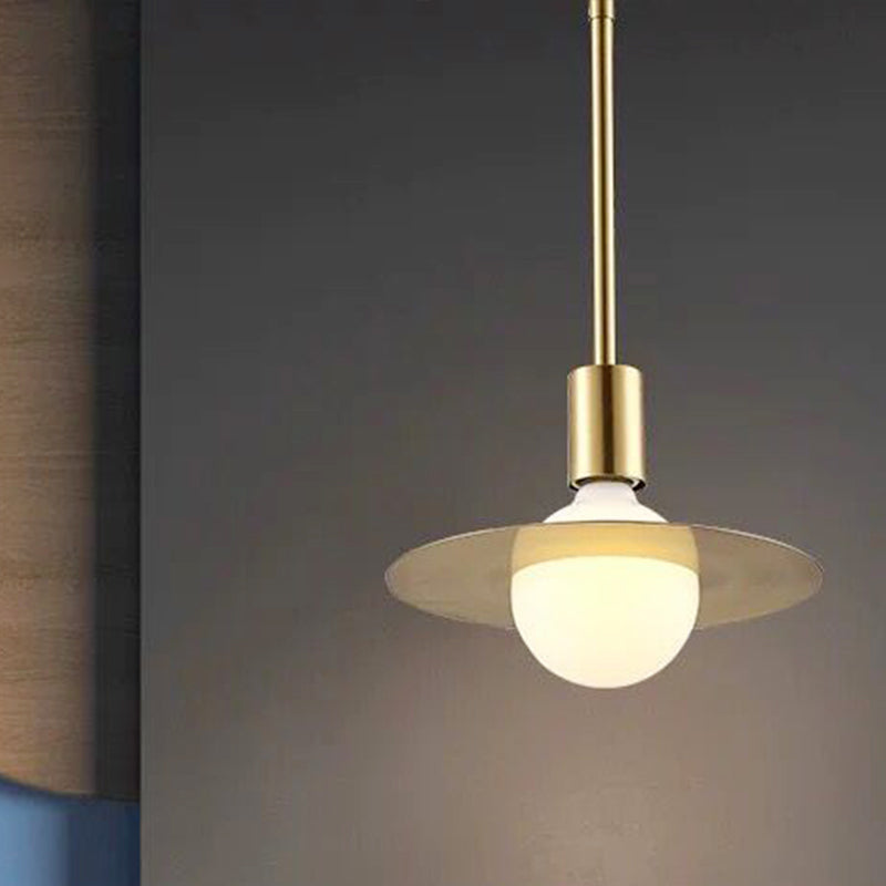Modern White Glass Pendant Lamp with Gold Disc Shade - Hanging Light Kit