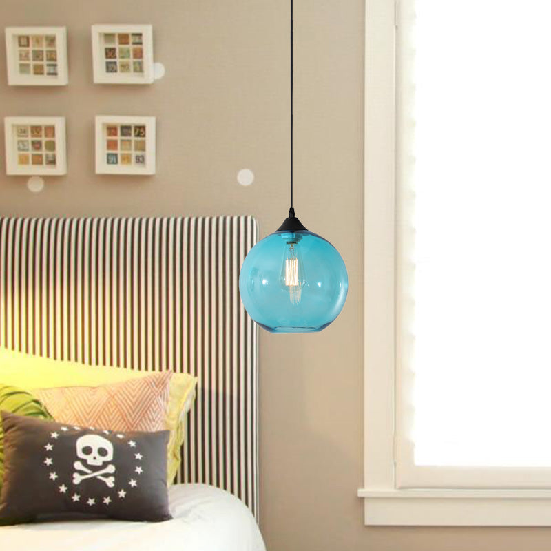 Dining Room Globe Pendant Ceiling Light - Macaron Glass, Clear/Coffee/Red, 1 Head Hanging Lamp