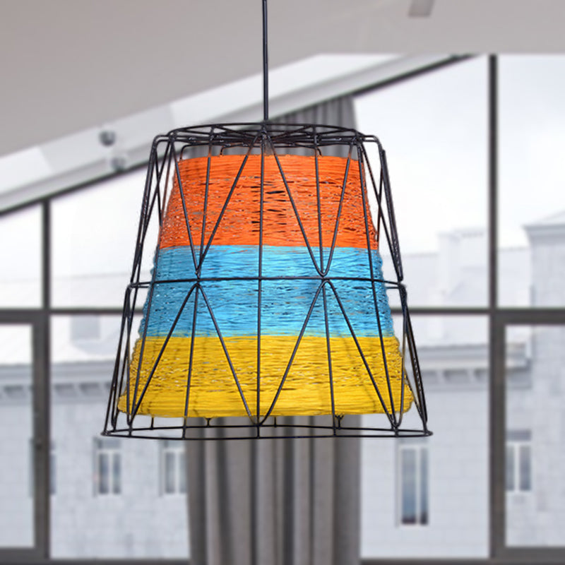 Rustic Lodge Style Ceiling Light: Bucket Pendant Lamp Metallic & Rope 1 Light