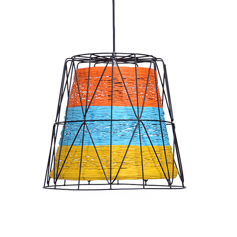 Rustic Lodge Style Ceiling Light: Bucket Pendant Lamp Metallic & Rope 1 Light