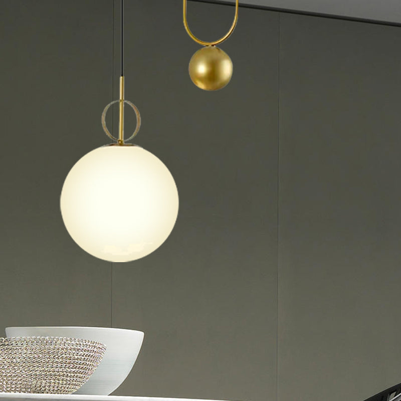 Modern White Glass Sphere Pendant Light with Golden Hanging Fixture for Bedrooms