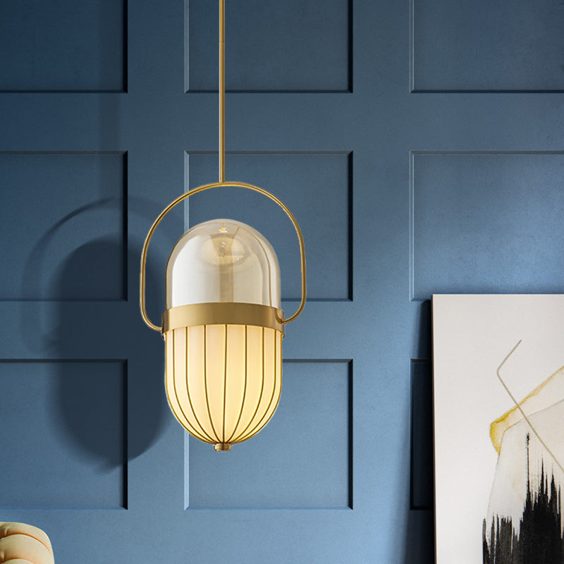 Postmodern Clear & White Glass Pill Capsule Pendant Lamp - 1 Head Dining Room Ceiling Light in Gold
