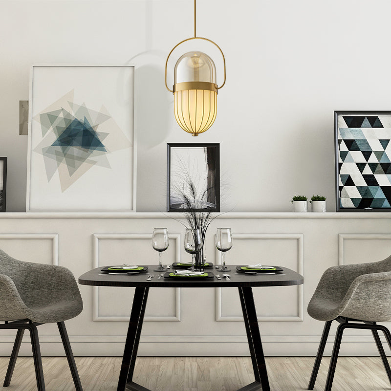 Postmodern Clear & White Glass Pill Capsule Pendant Lamp - 1 Head Dining Room Ceiling Light in Gold