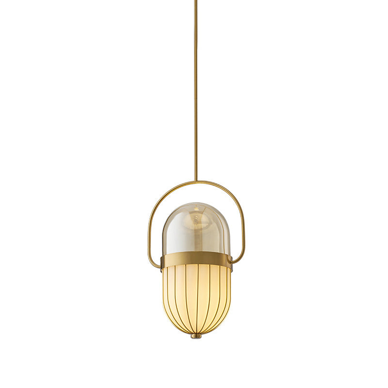 Postmodern Clear & White Glass Pill Capsule Pendant Lamp - 1 Head Dining Room Ceiling Light in Gold