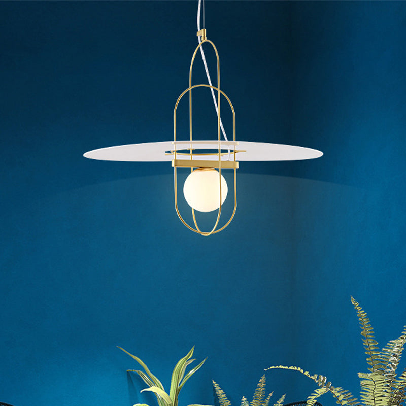 Contemporary Brass Pendant Light Fixture - Oval Frame, 1 Head, Suspended Metal with Glass Shade