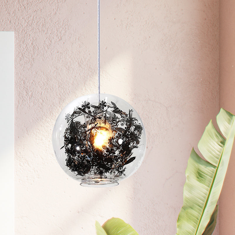 Modern Clear Glass Pendant Ceiling Light with Black Plant Design Inside