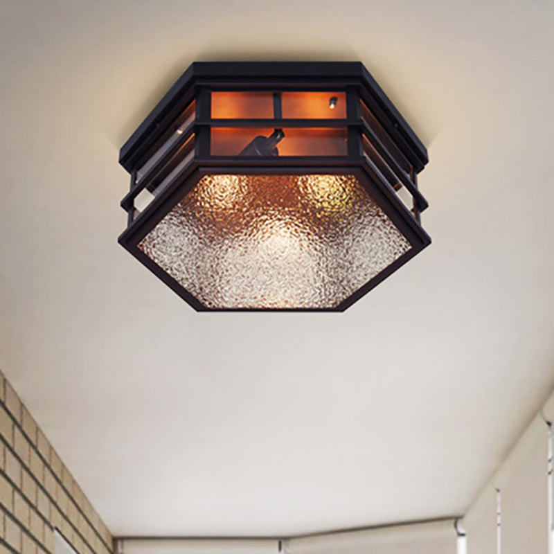 Black Metal Hexagon Flush Mount Ceiling Light with Frosted Glass Diffuser - 2/3 Lights, 14"/17" Width - Farmhouse Style