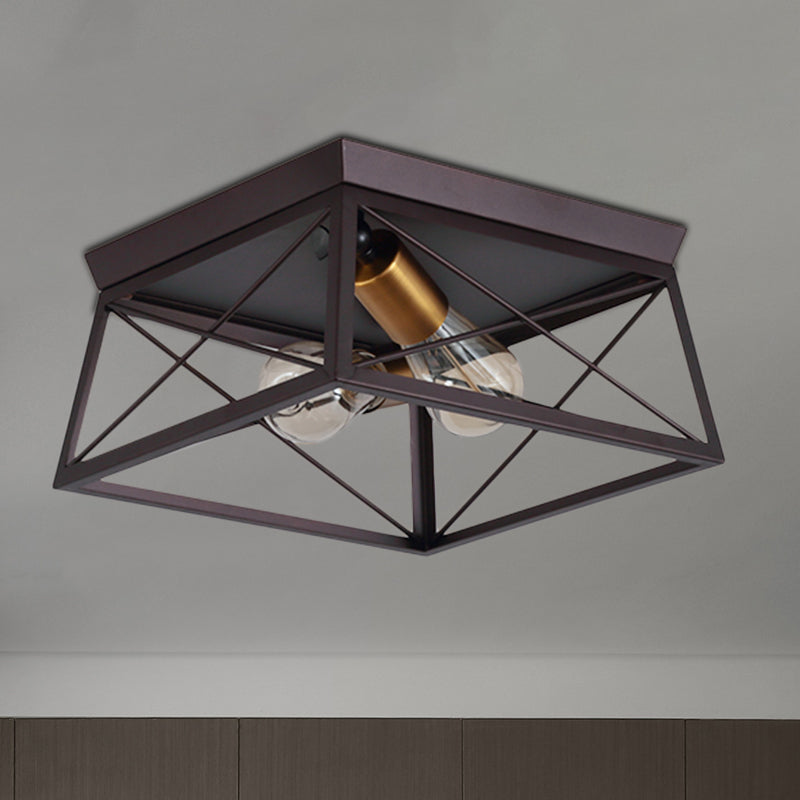 Industrial Style Metal Flush Ceiling Light Fixture - 10"/12" Wide - 2 Bulbs - Coffee Tone - Ideal for Restaurants