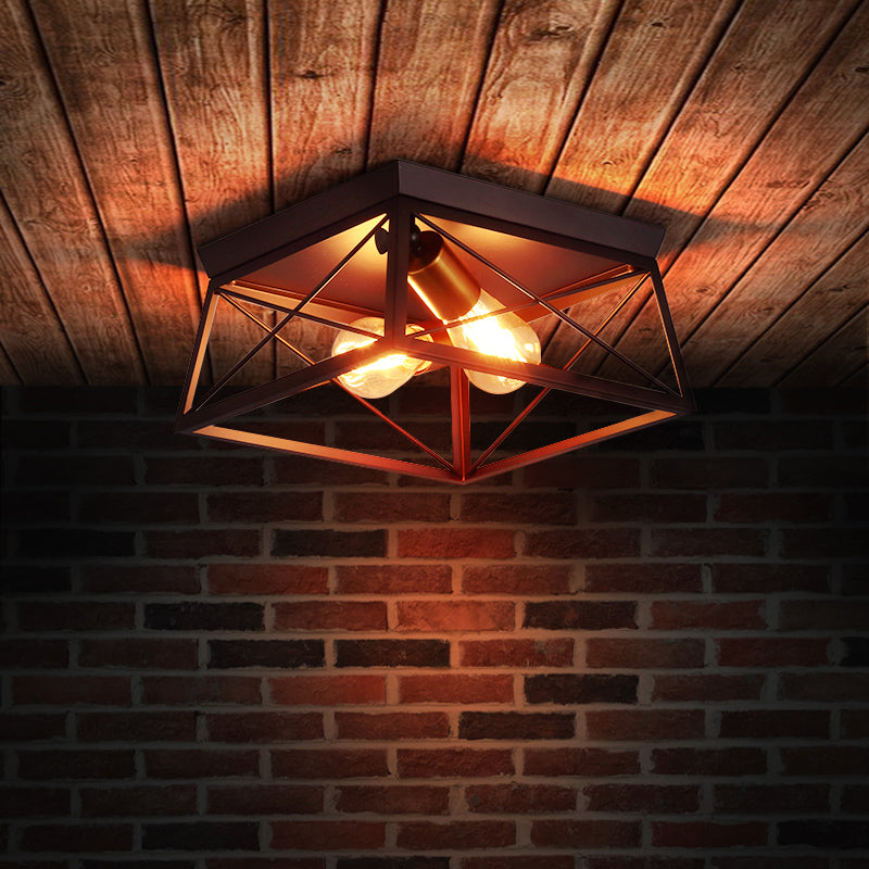 Industrial Style Metal Flush Ceiling Light Fixture - 10/12 Wide 2 Bulbs Coffee Tone Ideal For