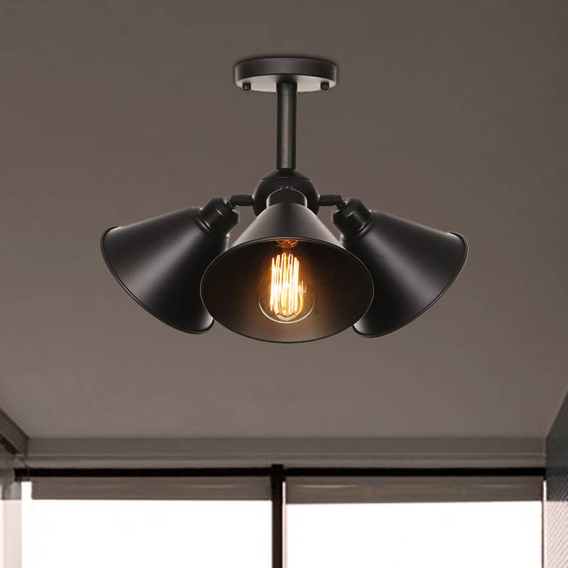 Vintage Indoor Ceiling Light - Black Flush Mount with Metallic Cone/Saucer Shade