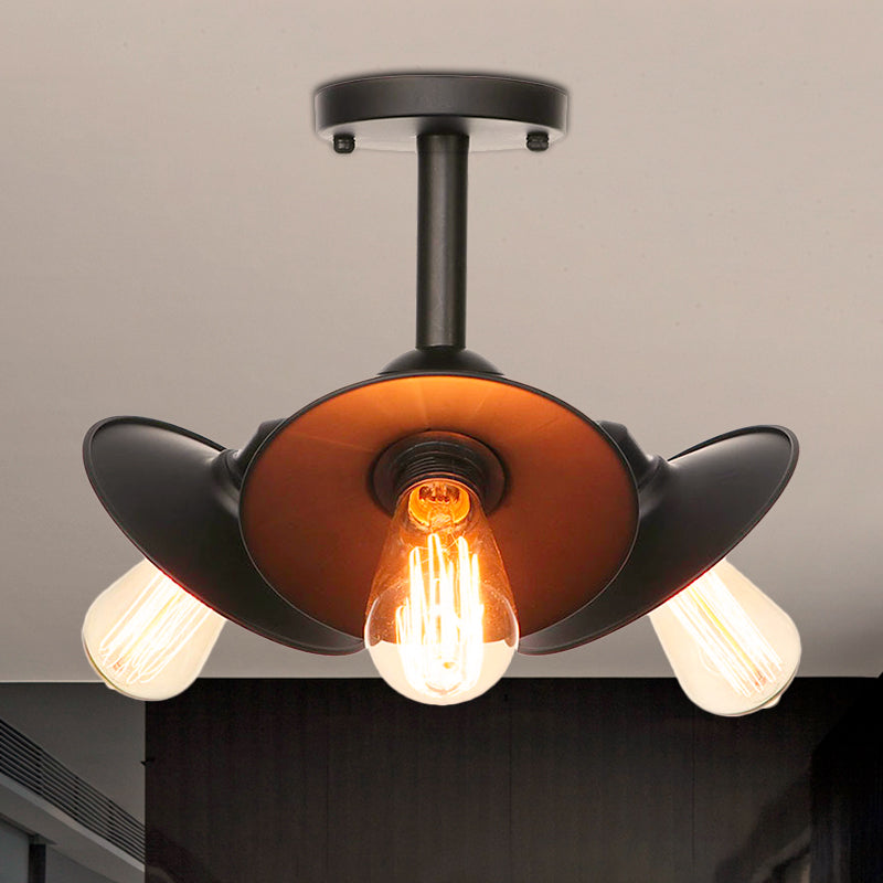 Vintage Indoor Ceiling Light - Black Flush Mount with Metallic Cone/Saucer Shade