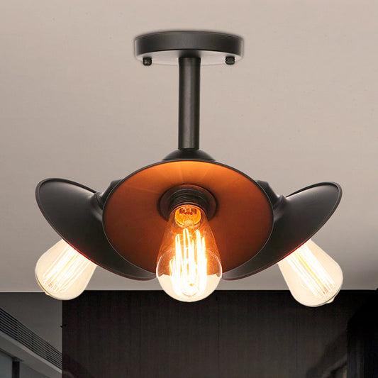 Vintage Indoor Ceiling Light - Black Flush Mount with Metallic Cone/Saucer Shade