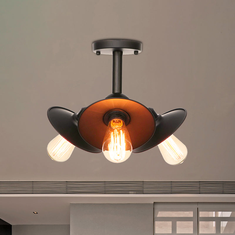 Vintage Indoor Ceiling Light - Black Flush Mount With Metallic Cone/Saucer Shade