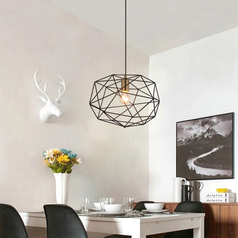 Vintage Style Black Wire Cage Pendant Lamp - 1-Light Metallic Hanging Light Fixture for Dining Room, 12.5"/15" Width