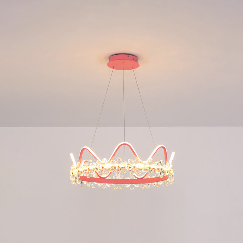 Nordic Style Crystal Pendant Light With 1 Suspended Crown For Living Room Pink / 25 Warm