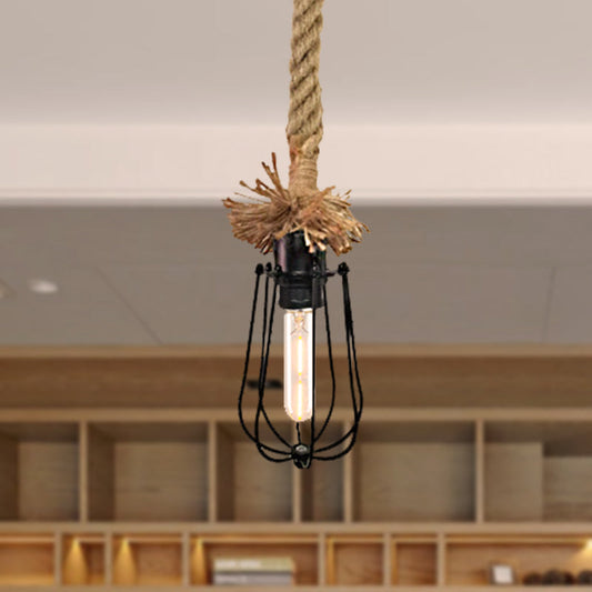 Industrial Black Bulb-Shaped Pendant Lamp with Wire Guard and Adjustable Rope
