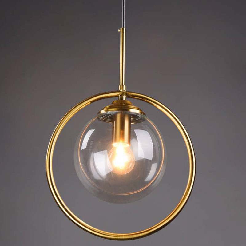 Mid-Century Globe Hanging Lamp with Glass Shade & Metal Ring - Perfect for Bedrooms