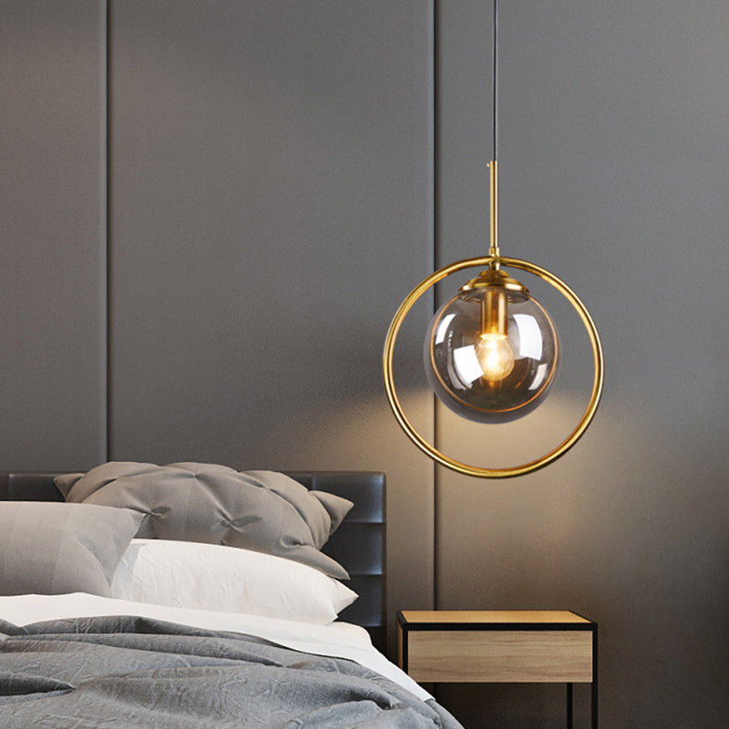 Mid-Century Globe Hanging Lamp with Glass Shade & Metal Ring - Perfect for Bedrooms