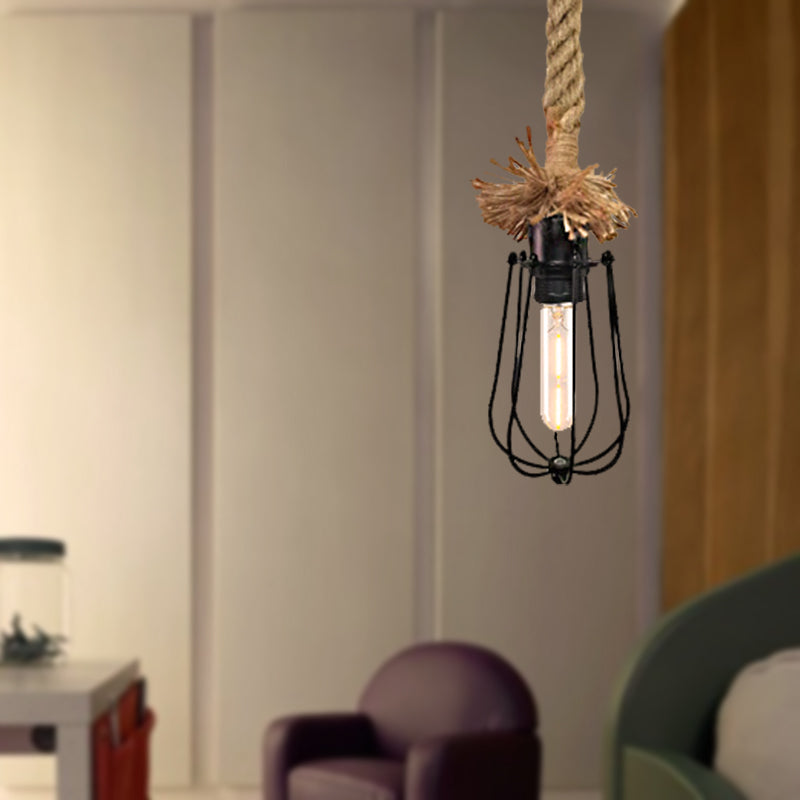 Industrial Black Bulb-Shaped Pendant Lamp with Wire Guard and Adjustable Rope