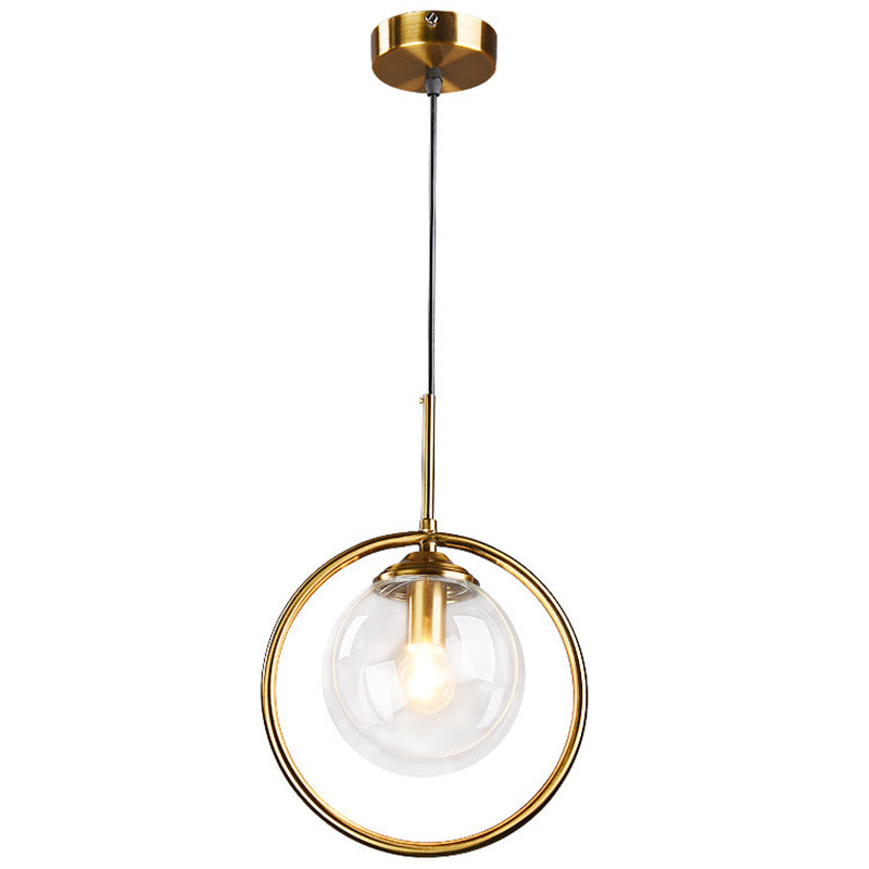 Mid-Century Globe Hanging Lamp with Glass Shade & Metal Ring - Perfect for Bedrooms