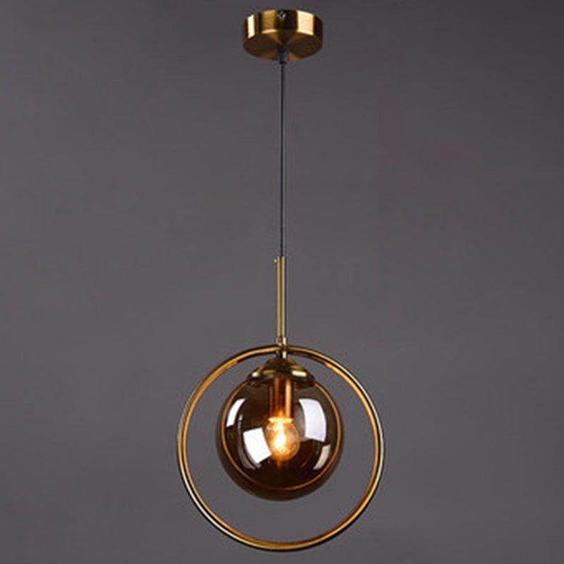 Mid-Century Globe Hanging Lamp with Glass Shade & Metal Ring - Perfect for Bedrooms