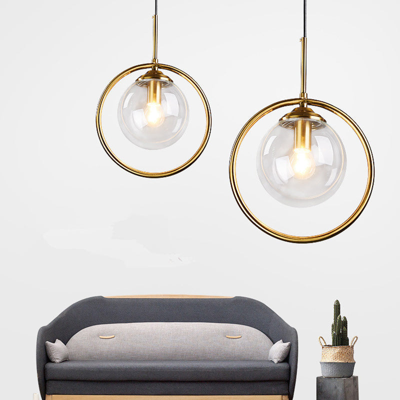 Mid-Century Globe Hanging Lamp with Glass Shade & Metal Ring - Perfect for Bedrooms