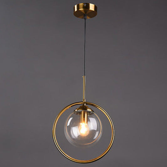 Mid-Century Globe Hanging Lamp with Glass Shade & Metal Ring - Perfect for Bedrooms