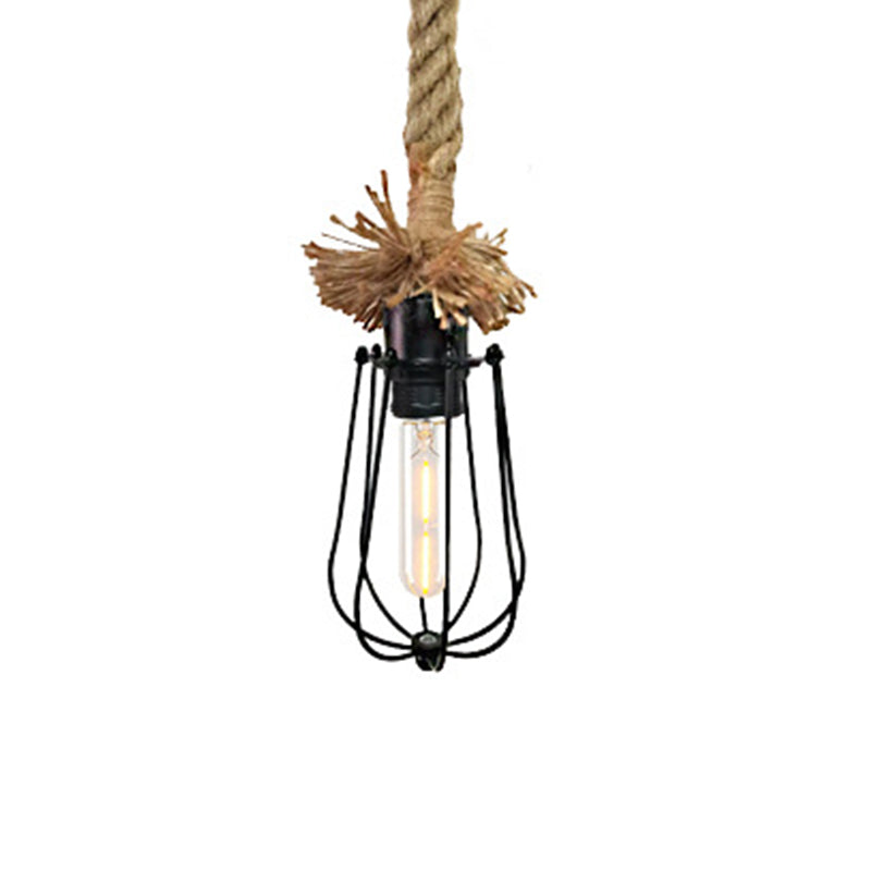 Industrial Pendant Light - Black Bulb-Shaped Lamp With Wire Guard Adjustable Rope