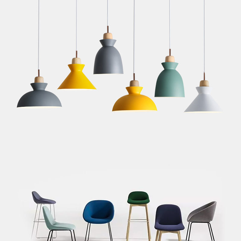 Sleek Wooden Top Pendant Light With Colorful Macaron Accent - Modern Minimalist 1-Light Lighting
