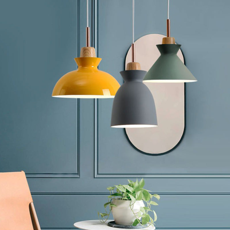 Sleek Wooden Top Pendant Light With Colorful Macaron Accent - Modern Minimalist 1-Light Lighting