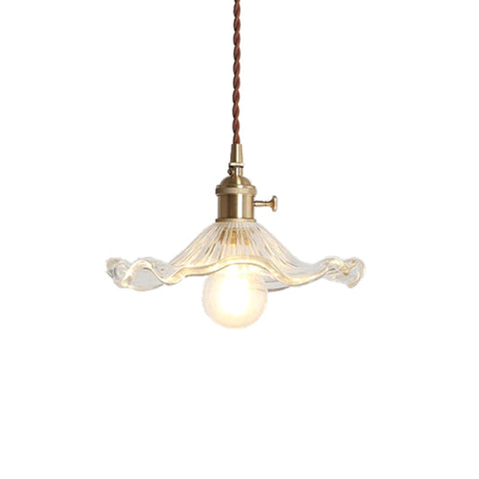 Suspension vintage festonnée avec abat-jour en verre texturé - 1 lampe, finition laiton poli