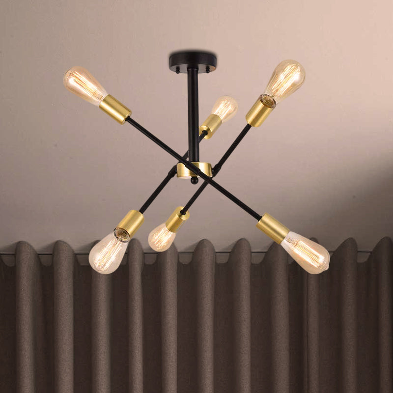 Lustre suspendu en fer noir de style industriel avec 6 têtes d'ampoule ouvertes