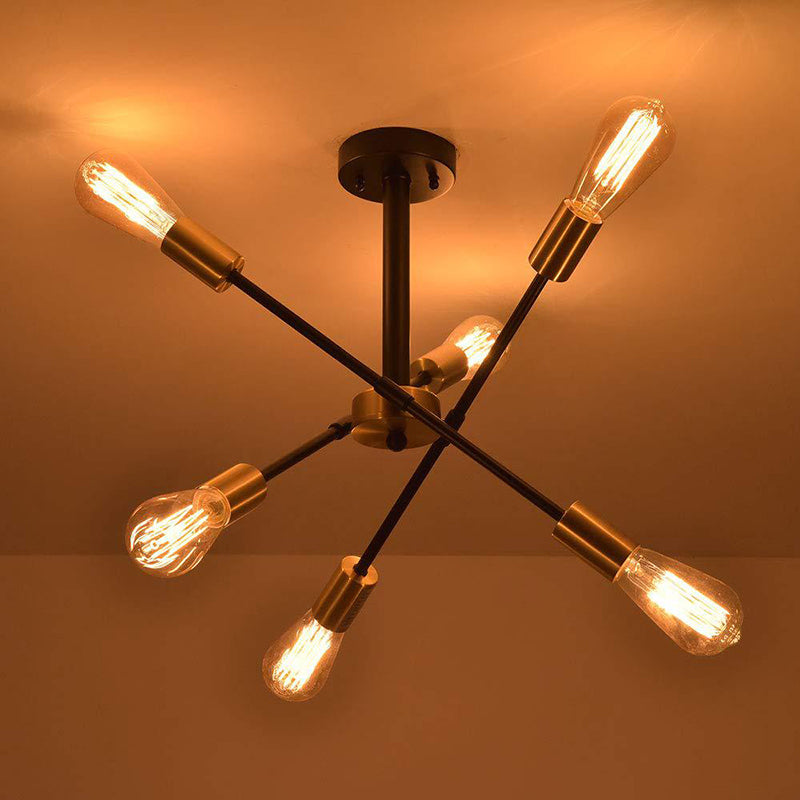 Lustre suspendu en fer noir de style industriel avec 6 têtes d'ampoule ouvertes